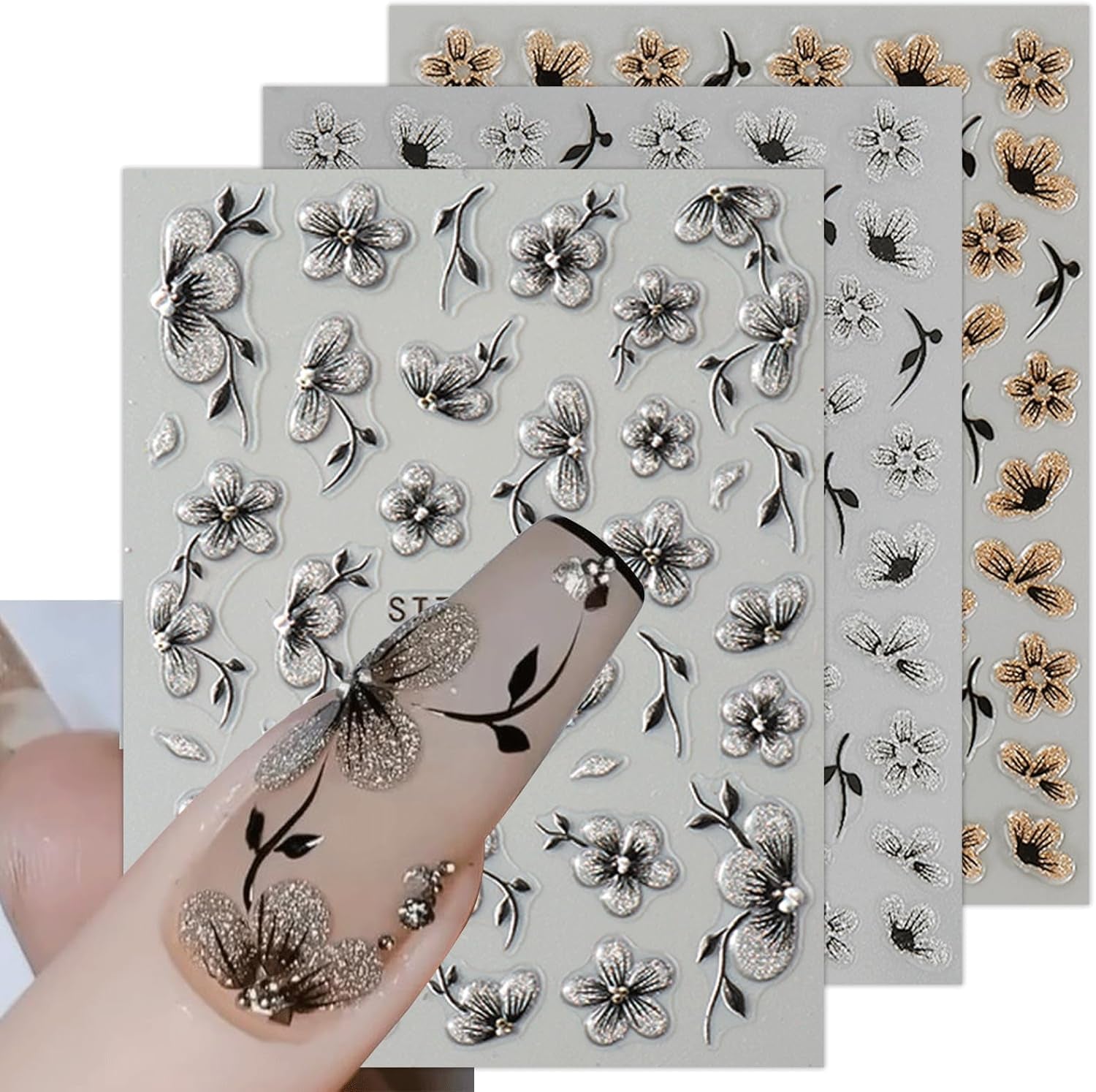 JMEOWIO 6 Blatt 3D Nagelsticker Blumen Nail Art Sticker Selbstklebend Nagelaufkleber 5D Stereoskopisch Frühling Sommer Blumen Dekoration Nageldesign Zubehör