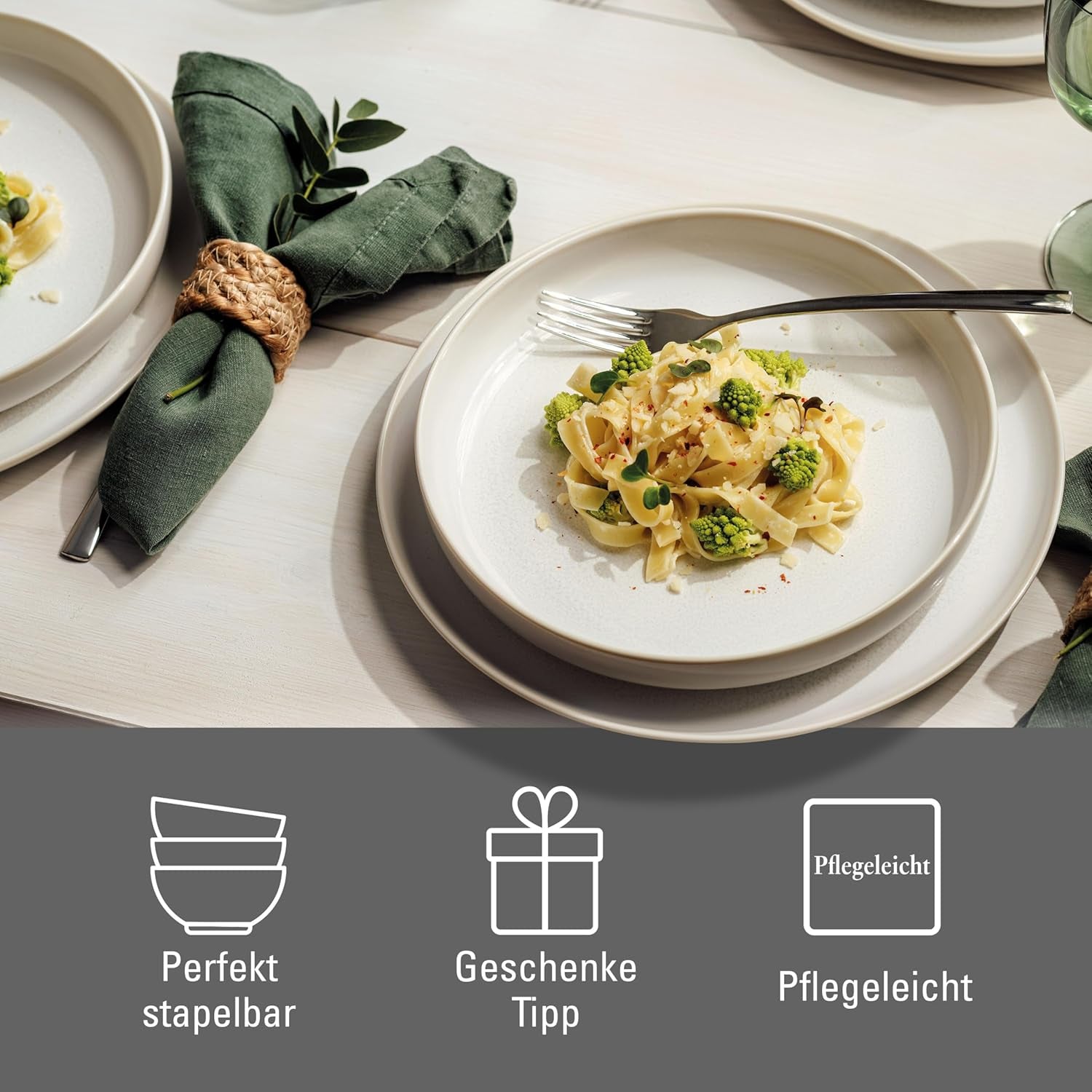 like. by Villeroy & Boch – Crafted Cotton Dinner-Set 4 teilig Weiß, Spülmaschinenfest, Mikrowellensicher, Geschirrset, Tafelservice Modern, Speiseteller, Tiefe Teller, Pottery-Look, Premium Porzellan