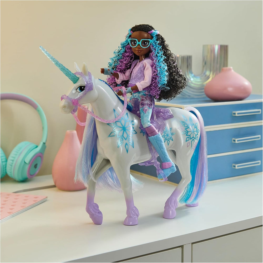 Unicorn Academy Unicorn Glacier - 28 cm înălțime, unicorn original din serialul Netflix al Laylei, cu coamă și coadă reale, frâu și șa detașabile și perie, pentru copii cu vârsta de 4 ani și peste