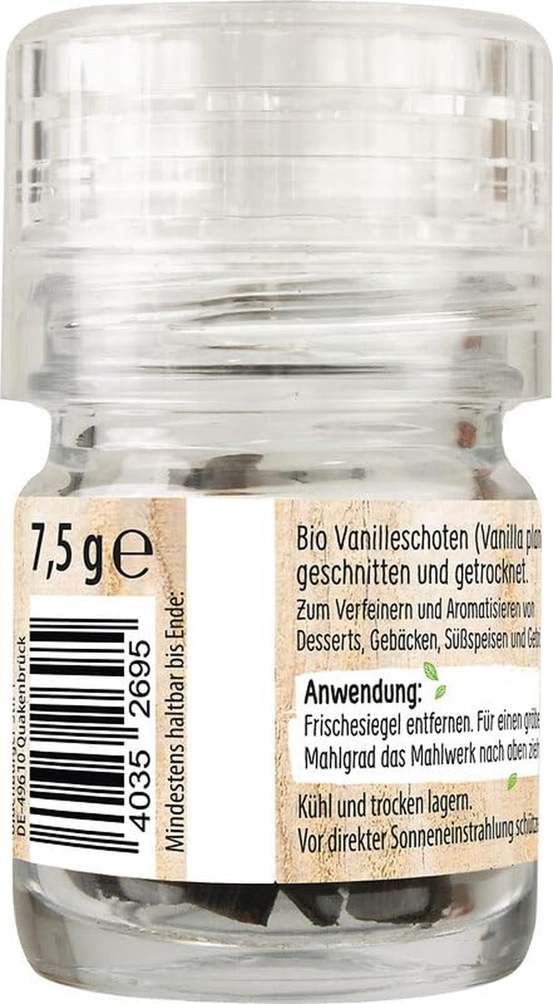 RUF Bio Bourbon Vanille-Mühle, Gewürz-Mühle aus aroma-sicherem Glas, Vegan, Verstellbares Mühlwerk, Vanilleschoten zum Backen und Kochen, 1 x 7.5 g