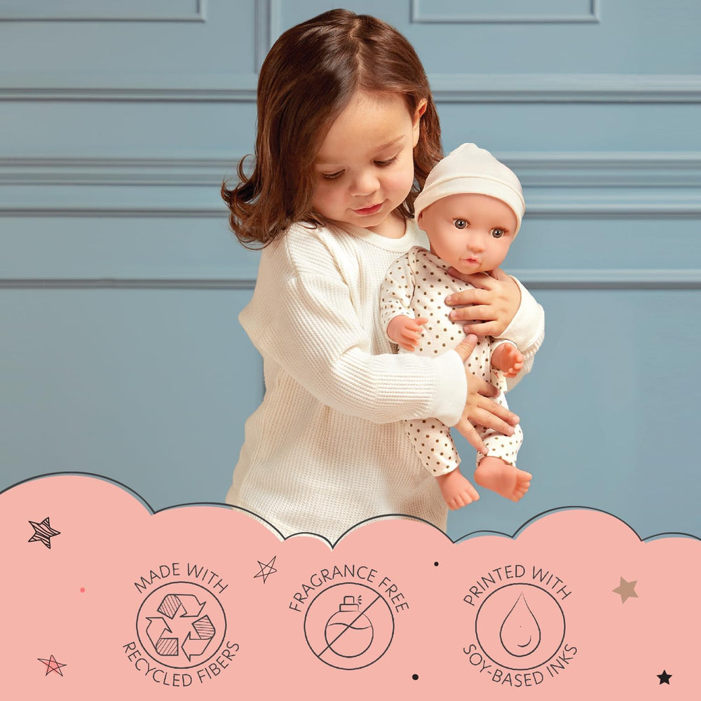 LullaBaby - Baby Puppe - Einteiler & Mütze - 36 cm Realistic Baby-Puppe - Hazelnut Brown Eyes & Soft Body - Romper & Schnuller-Zubehör - Pretend Play Spielzeug - Kinder 2 Jahre +