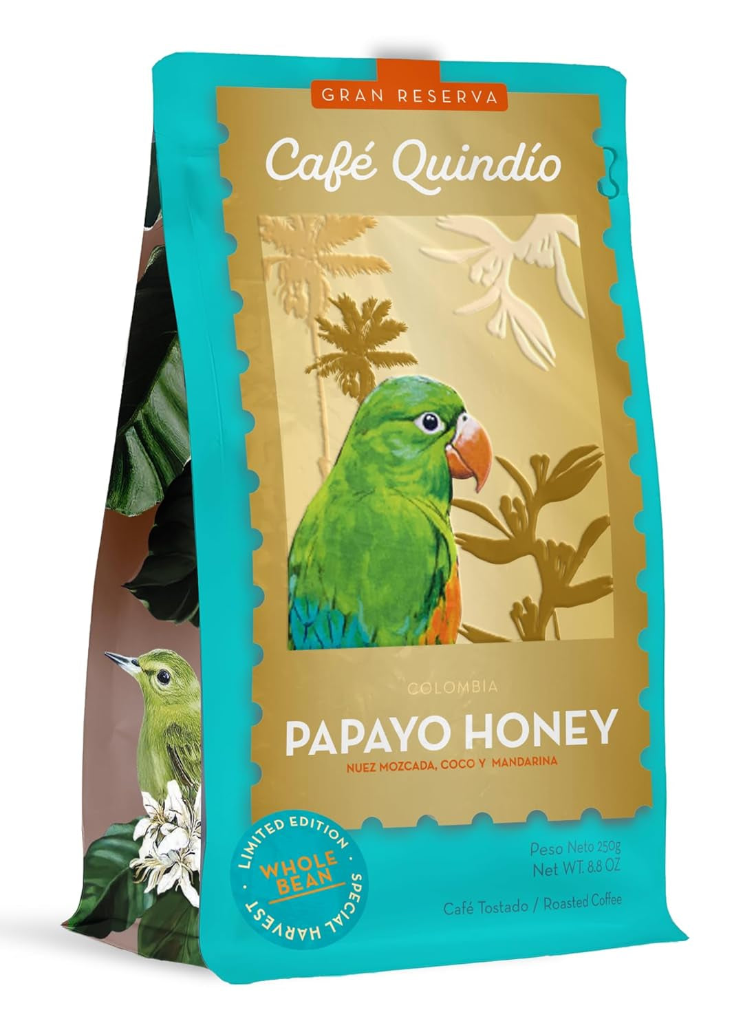 Cafe Quindio Papayo Honey Specialty Coffee - 100% boabe de cafea Arabica de origine unică Columbia - cu note naturale de nucșoară, nucă de cocos și mandarină (250g) - ideală pentru Chemex