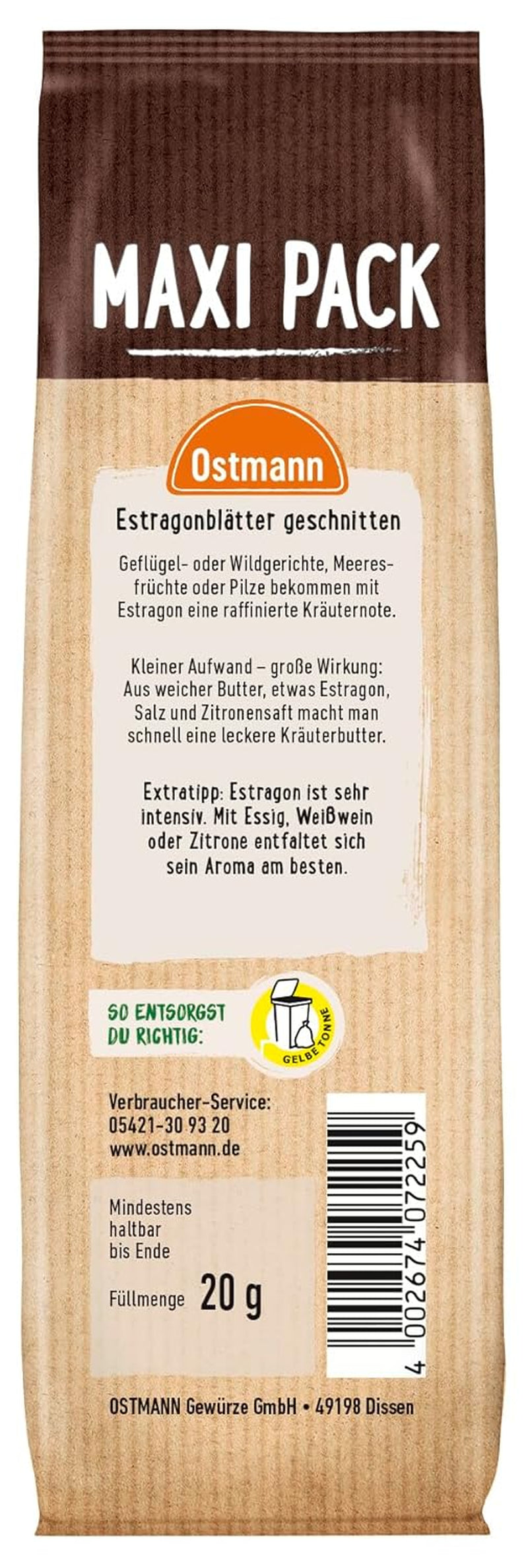 Ostmann Gewürze - Estragonblätter geschnitten | Zum Verfeinern von Salatsaucen, Gemüsegerichten und Remouladen | 20 g in Bag
