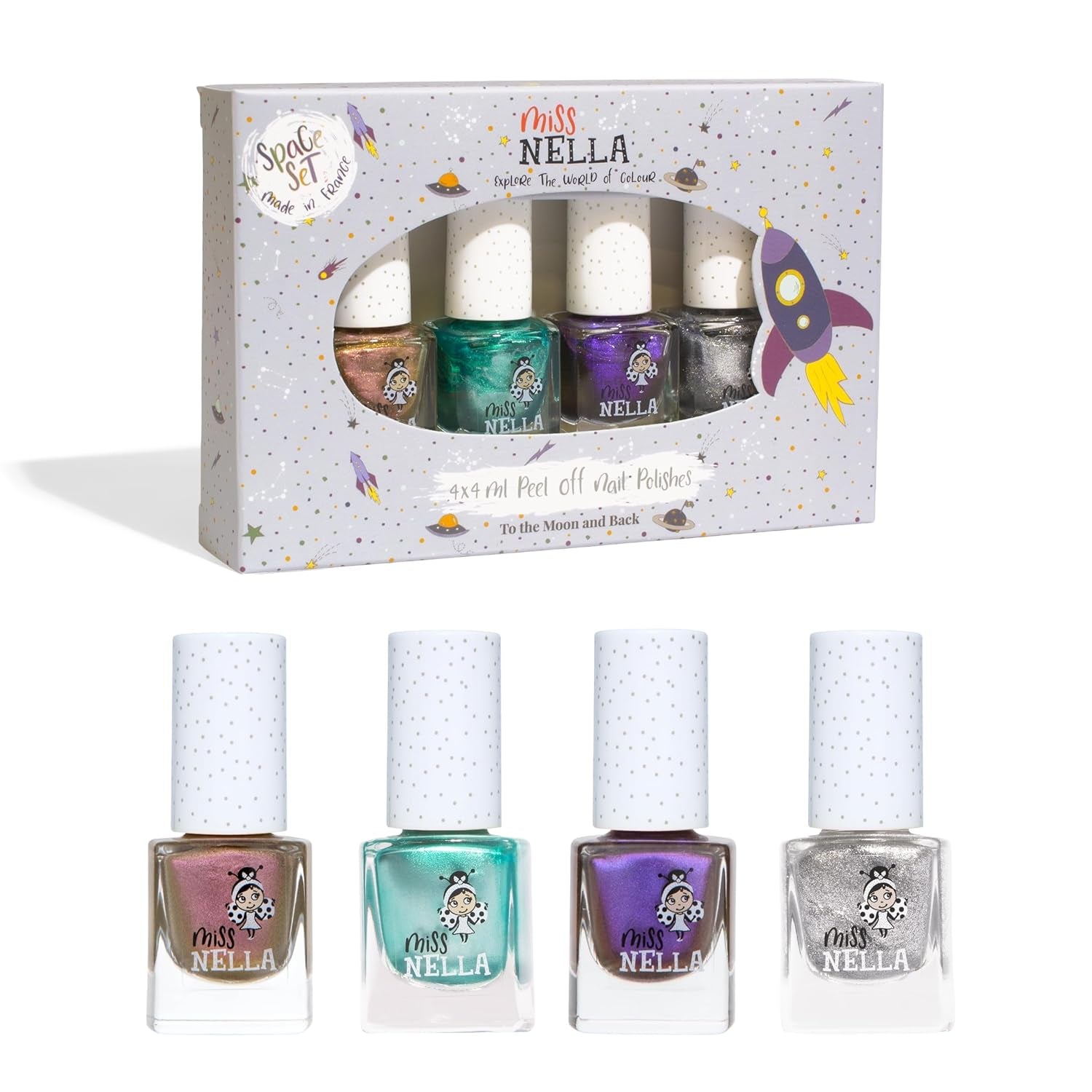 Miss Nella Magic Collection 4 Piece Glitter Nail Polish Set: Pink, Red, Gold and Blue, Kids Special Removable Nail Polish, Non-Toxic, Water-Based, Odorless
