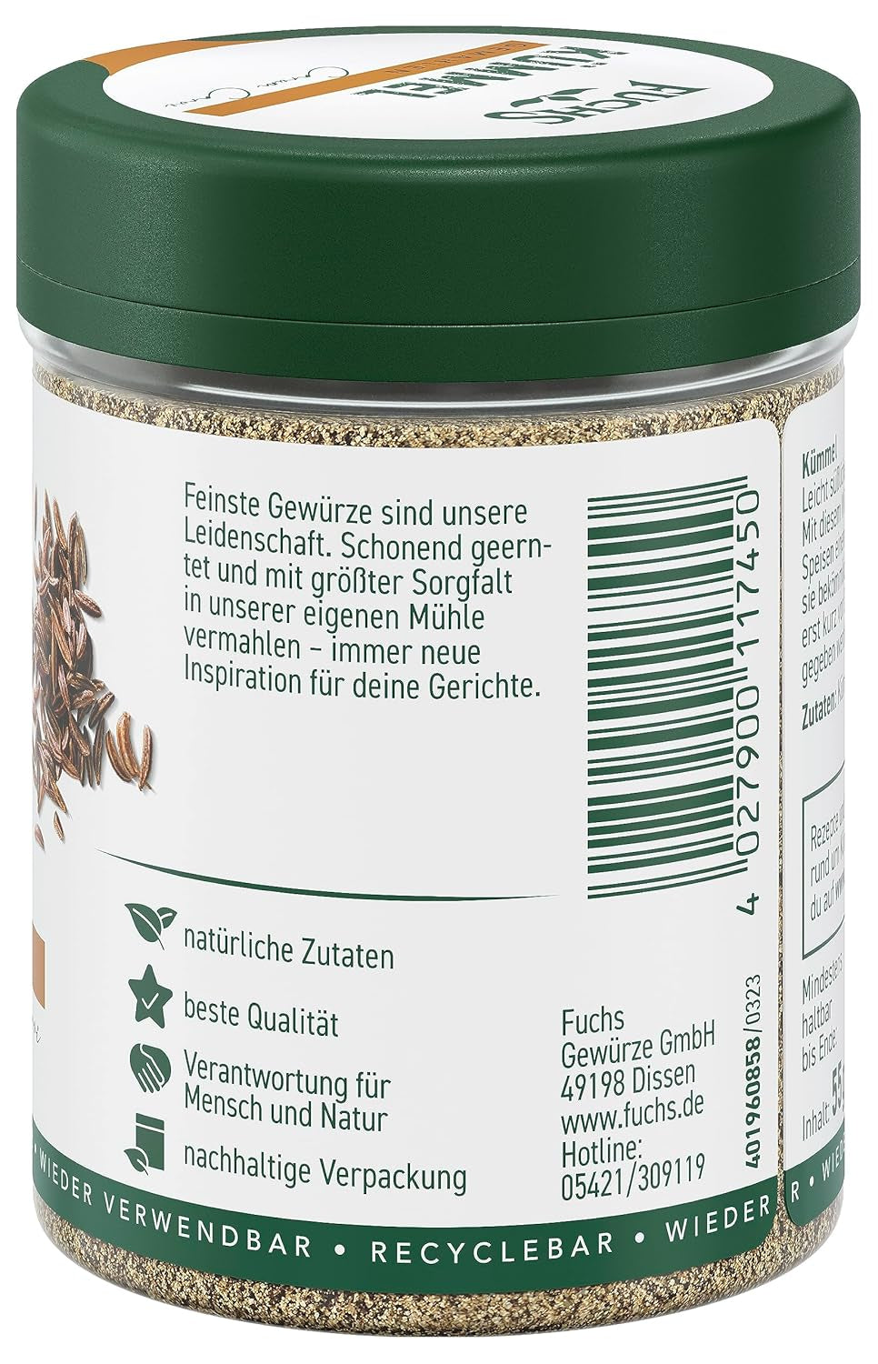 Fuchs Gewürze - Kümmel gemahlen - klassisches Gewürze für daftige Gerichte wie Chili con Carne - natural ingredients - 55 g in wiederverwendbarer, recyclebarer Dose