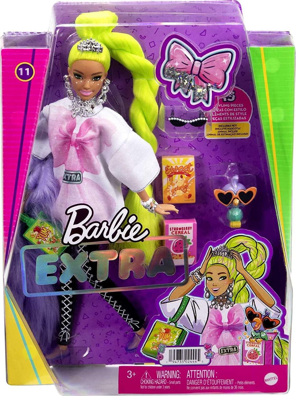 Barbie HDJ44 - Păpușă extra #11 în tricou supradimensionat și jambiere cu papagal de companie, păr verde neon extra lung și accesorii, articulații flexibile, cadou jucărie pentru copii cu vârsta de peste 3 ani Papusi Naty Shop