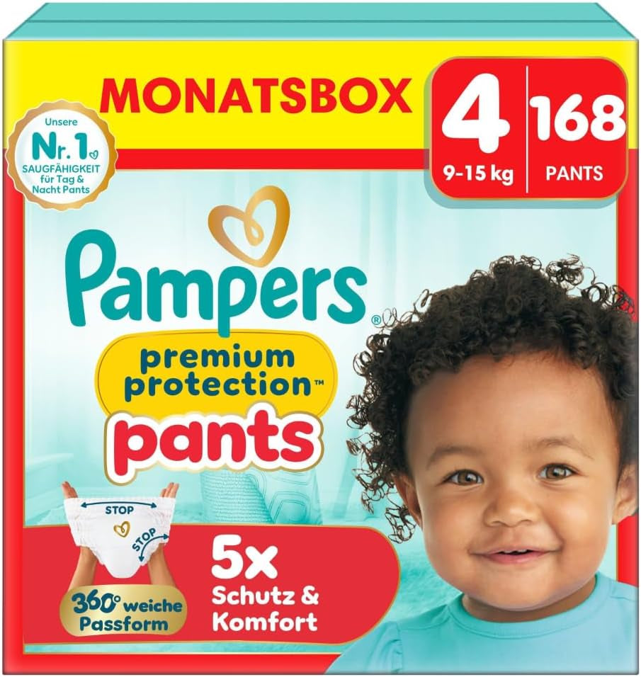 Pampers Premium Protection Pants Size 7, 123 Diapers, 15kg+, with 360° adjustment and soft anti-leak cuffs for optimal comfort and protection