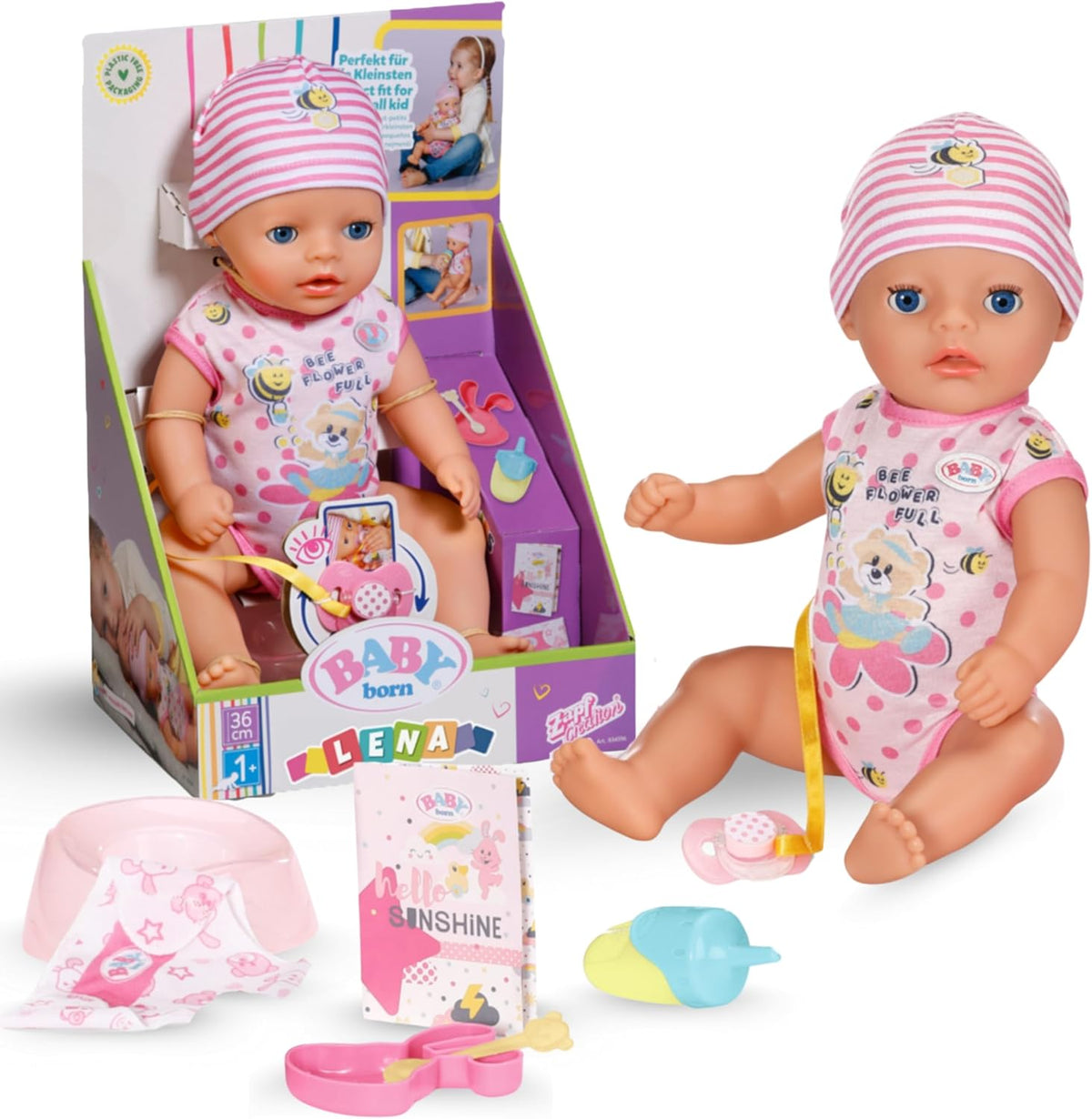 Păpușă bebelușă Baby Born Lena (Fetiță) - 36 cm - 7 funcții, inclusiv accesorii și saltea - Funcționează complet fără baterii - Potrivită pentru copii mici de la 1 an