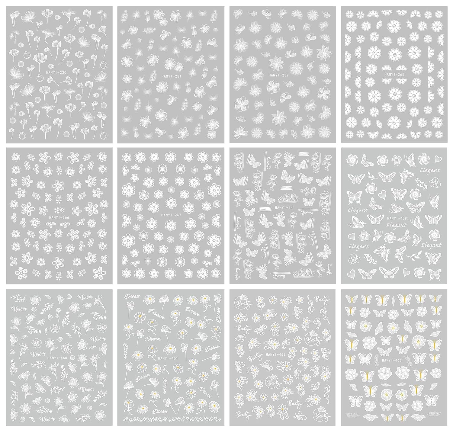 JMEOWIO Nagelsticker Frühlings Weiß Blume 12 Blatt Nail Art Sticker Selbstklebend Nagelaufkleber Sommer Schmetterling Blumen Blatt Dekoration Nageldesign Zubehör