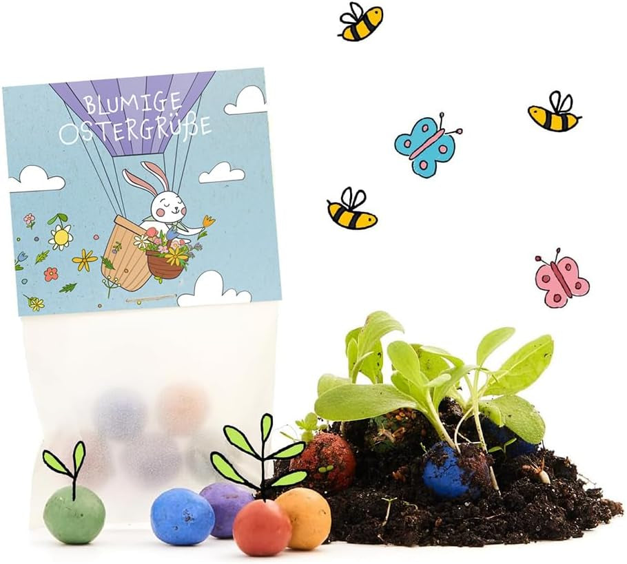 Bunte Blumenmurmeln "Frühlingsgruß" L 10 X5 Kleine Saatkugeln in Einem Tütchen Mit Blumenkorb-Motiv L Geschenk Zu Ostern, Im Frühling, Als Gastgeschenk Oder Als Dankeschön Für Erzieher, Lehrer