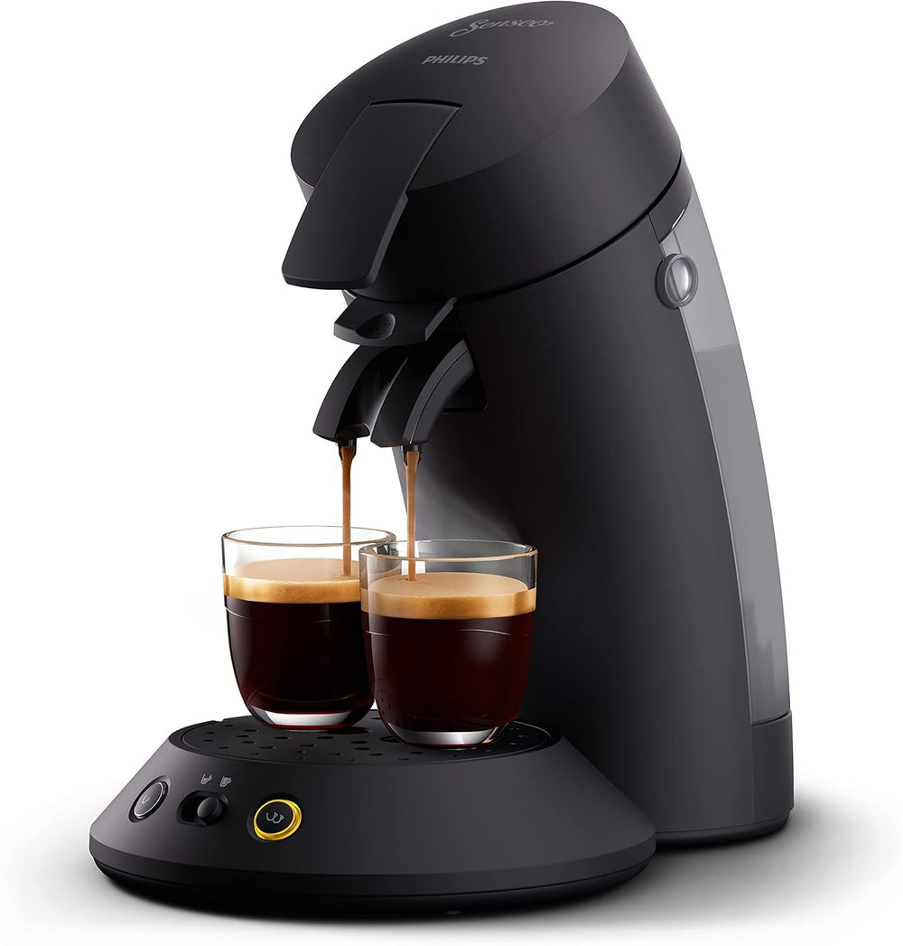 Espressor cu capsule PHILIPS Original Plus Eco, selecție a intensității cafelei, tehnologie Coffee Boost, plastic reciclat cu 80%*, consum de energie redus cu 45%**, 2 căni simultan, negru piano (CSA210/22)