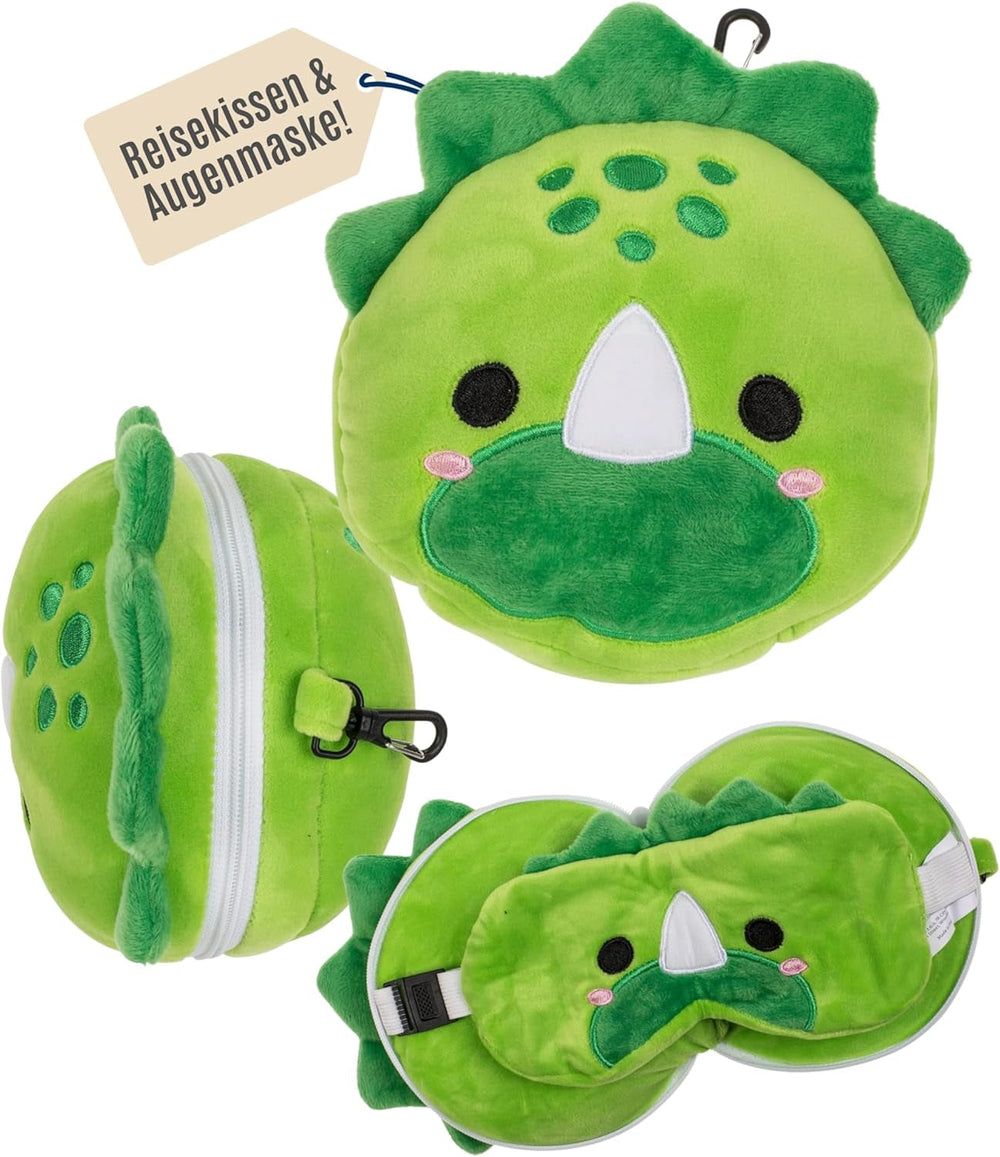 Pernă de călătorie din pluș cu dinozaur pentru copii, cu mască pentru ochi – Pernă de gât moale 2 în 1 pentru copii – Pernă de călătorie confortabilă pentru mașină, tren și avion – Lavabilă și care economisește spațiu