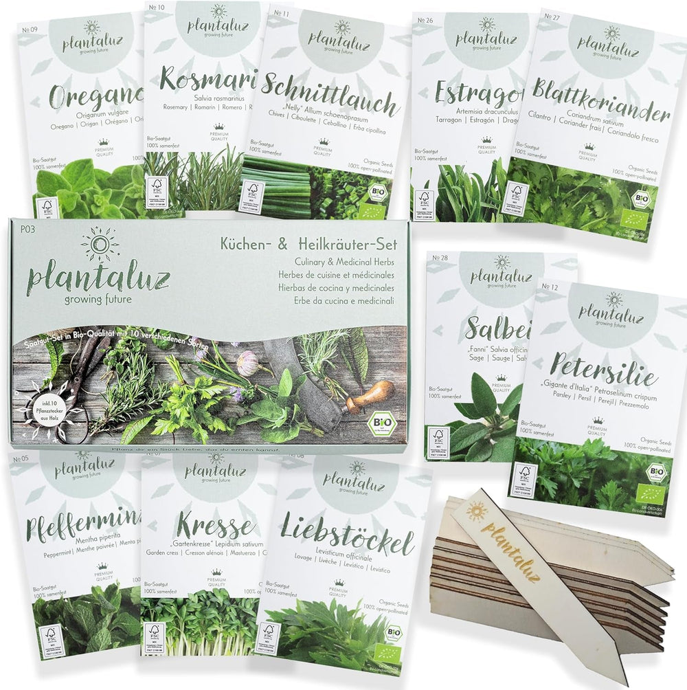 Set de semințe premium organice Plantaluz P03 – Set de semințe pentru plante culinare și medicinale pentru grădină, balcon și interior – incl. bețe de plantare FSC – Semințe organice polenizate liber, netratate și fără OMG-uri