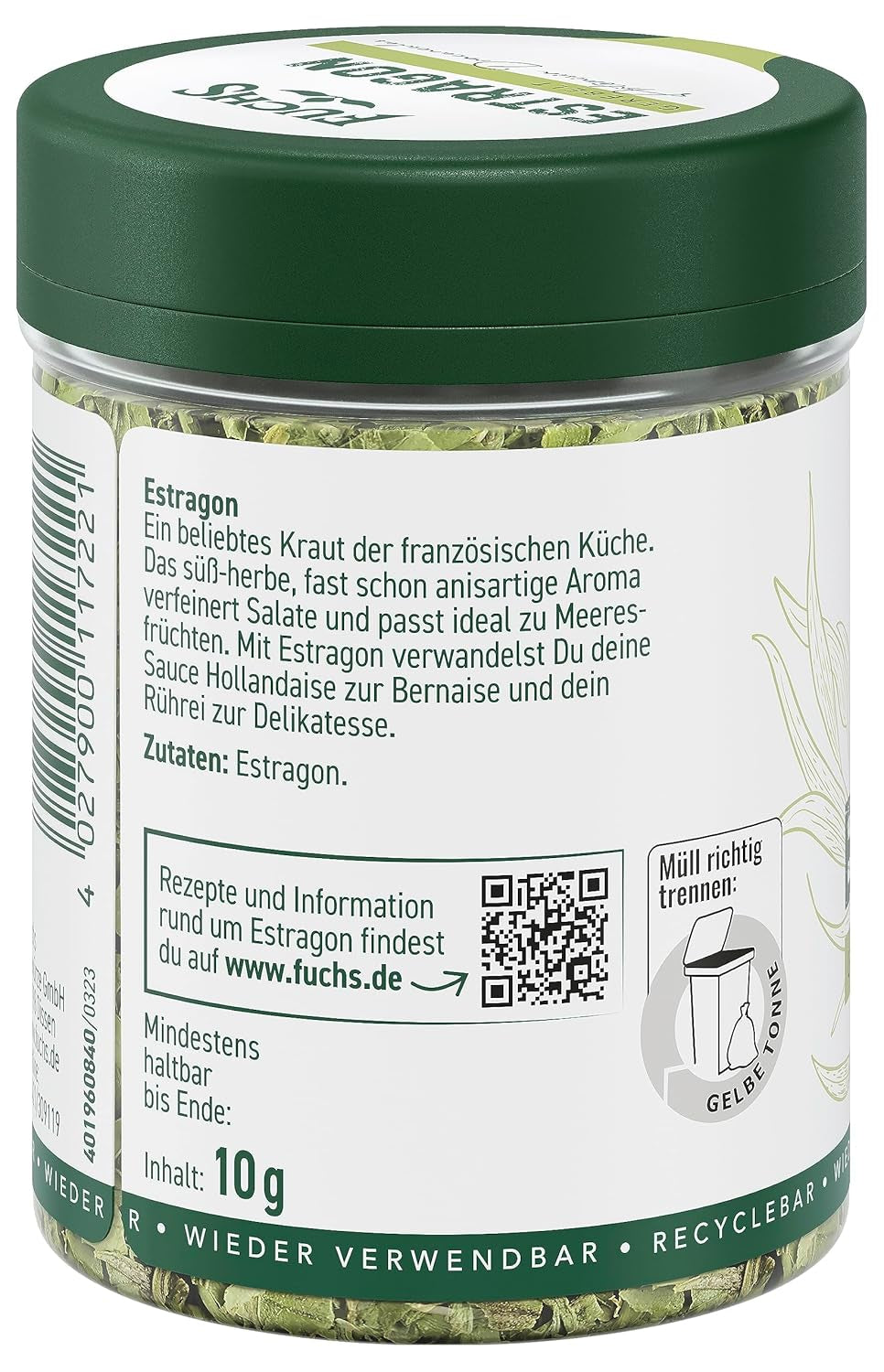 Fuchs Gewürze - Estragon gerebelt - französisches Kraut zur Verfeinerung von Saladen, Sauce Hollandaise oder Rührei - natural ingredients - 10 g in wiederverwendbarer, recyclebarer Dose