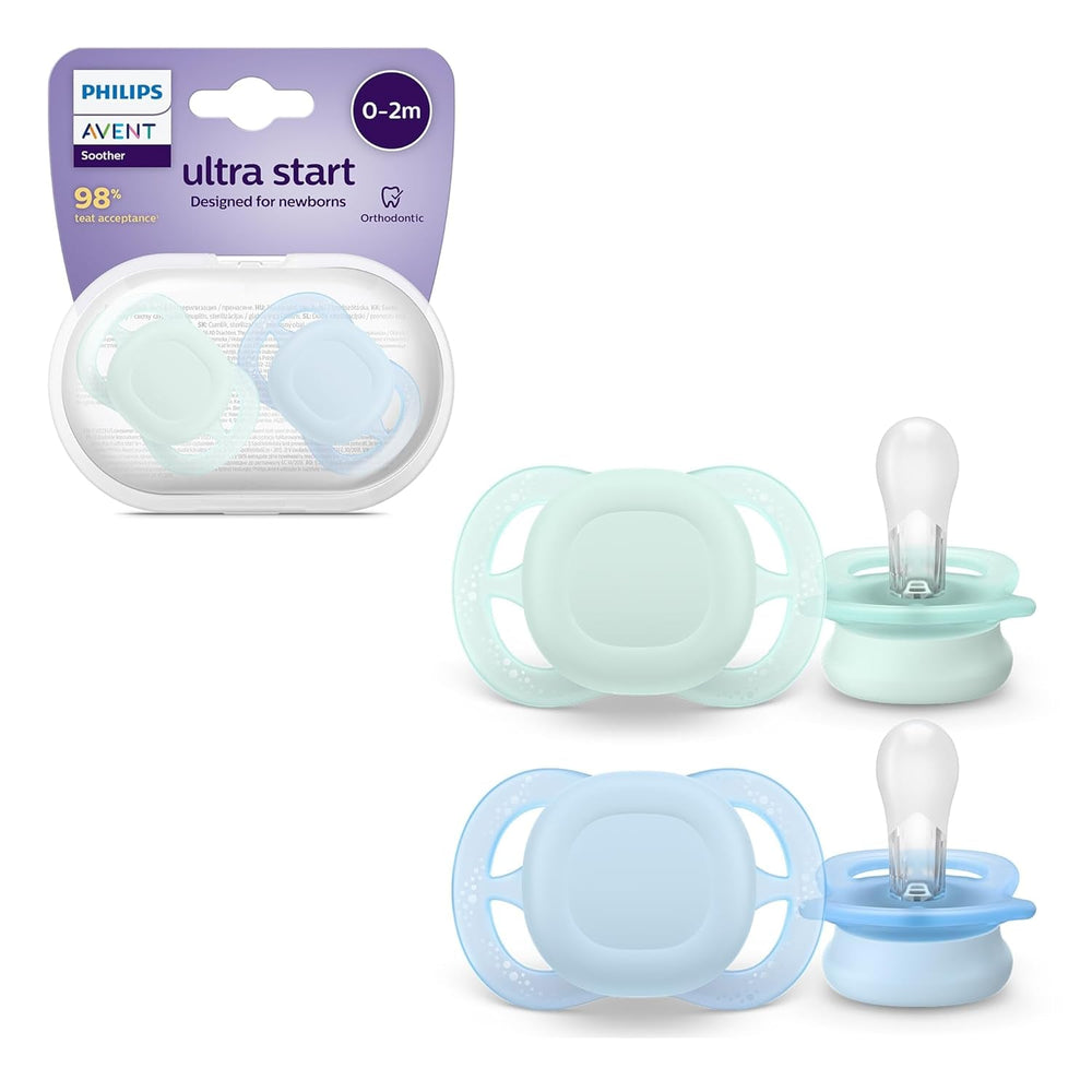 Suzetă de noapte Philips AVENT Ultra Start, suzetă ortodontică pentru nou-născuți, strălucește în întuneric, fără BPA, cu recipient de sterilizare, pachet dublu, Lună, Stea, SCF075/07