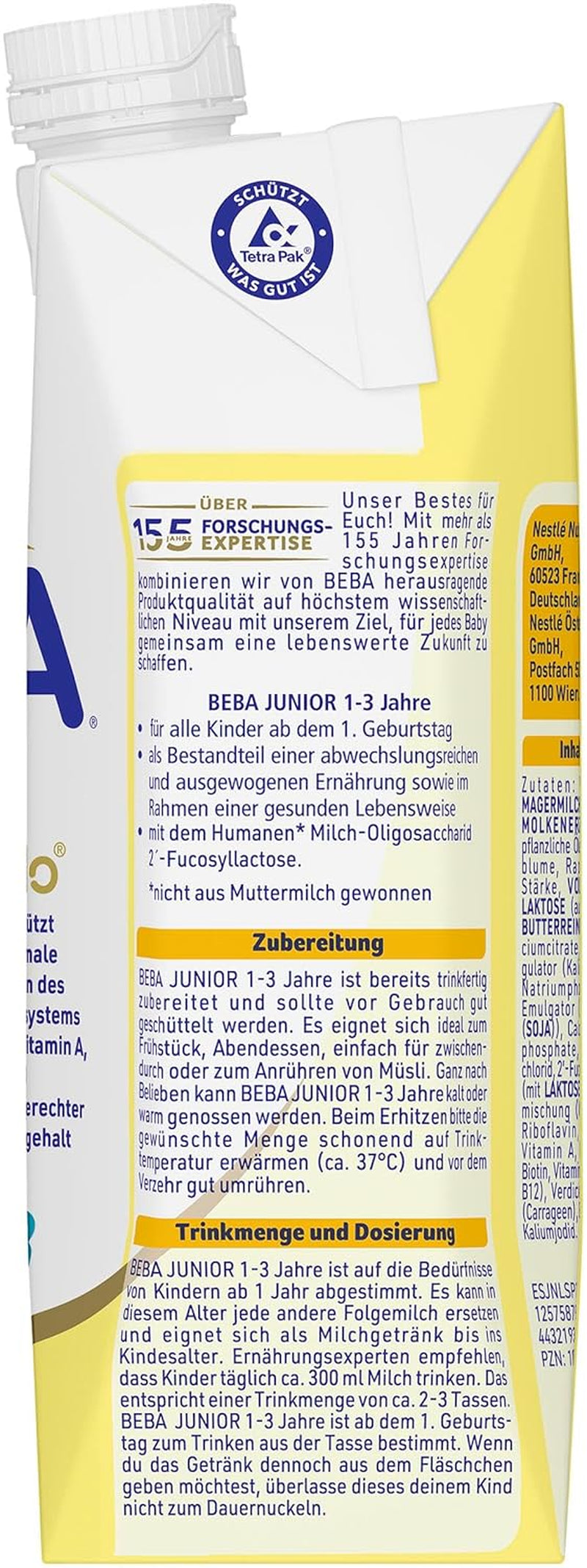 BEBA Junior Ready-to-Drink Milk Drink 1-3 Years, With HMO, Age Appropriate Protein Content, Palm Oil Free, Fish Oil Free, Toddler Food, Pack of 12 (12 x 500ml)
