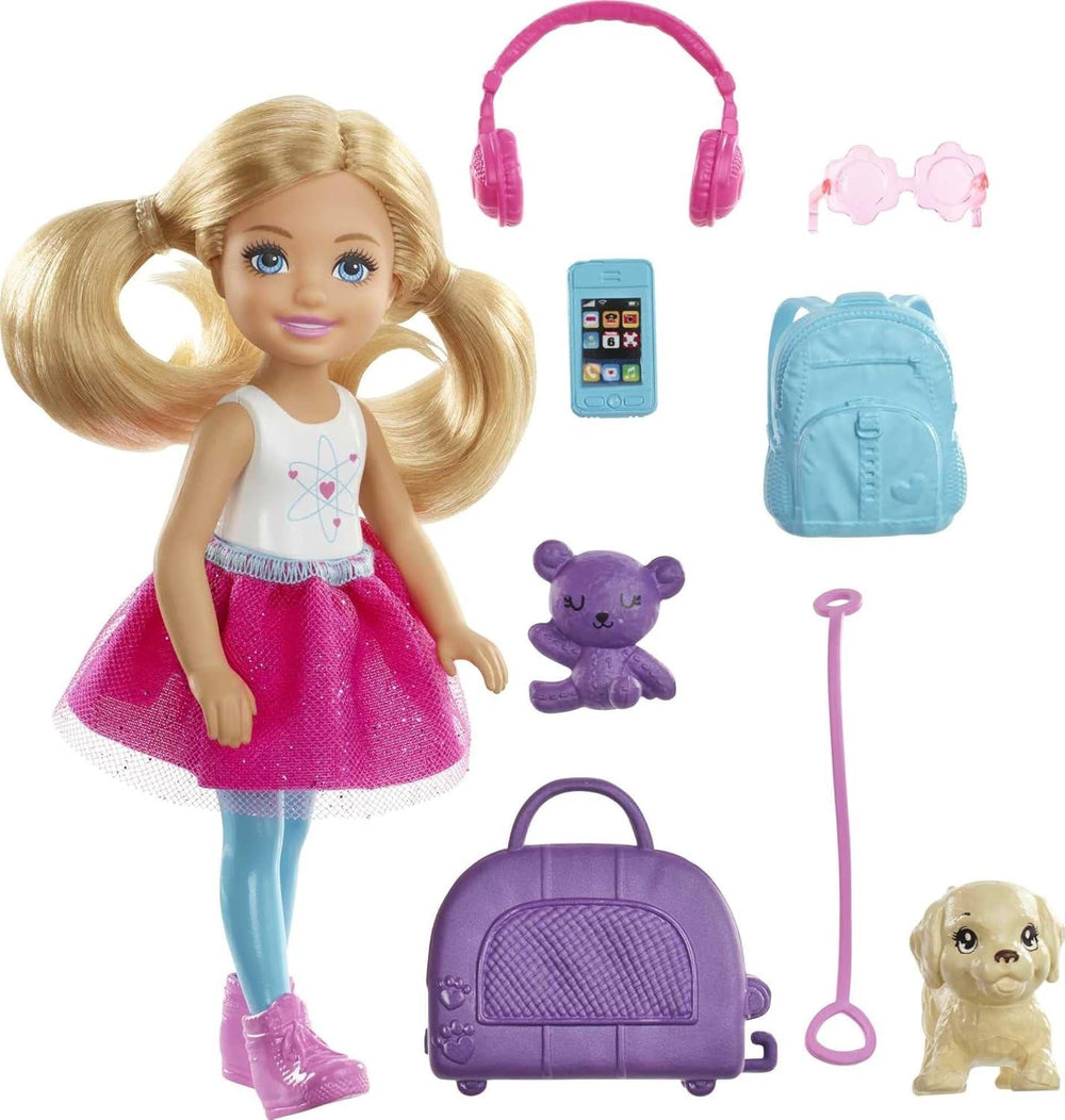 Jucărie Barbie, păpușă Chelsea și accesorii, set de călătorie cu câine și 6 piese, inclusiv suport pentru câine, HJY17 Papusi Naty Shop Păpușă Chelsea cu câine