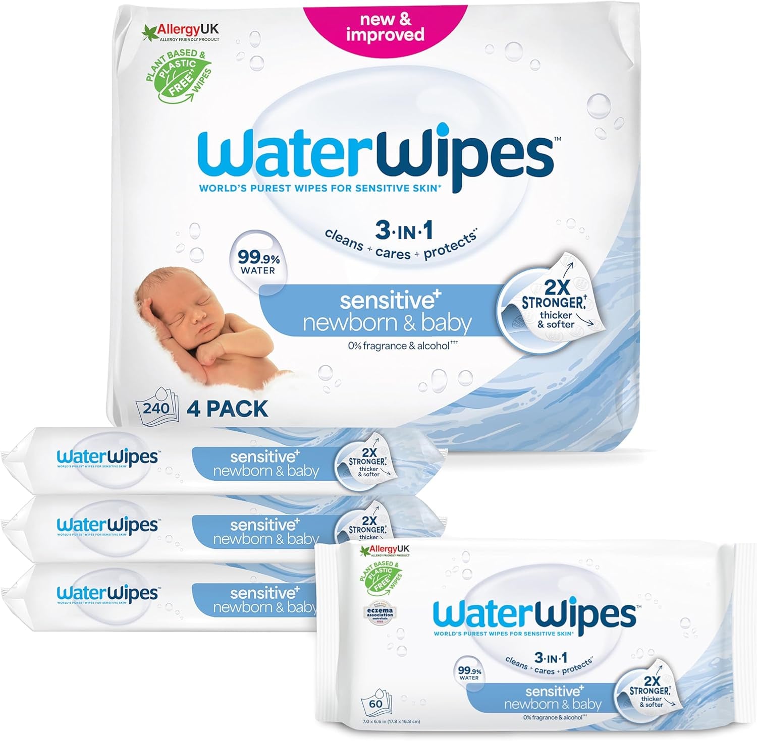 WaterWipes Sensitive+ Wet Wipes for Newborns and Babies, 360 Pieces (6 Pack), 3-in-1 Cleaning, Care, Protection, 99.9% Water, Fragrance Free