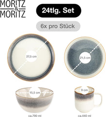Set de veselă Moritz & Moritz TARENTO, 24 de piese, pentru 6 persoane, gri - Set elegant de farfurii din gresie de înaltă calitate - Setul de veselă include 6 farfurii de cină, 6 farfurii de desert, 6 farfurii de sumă și 6 cești