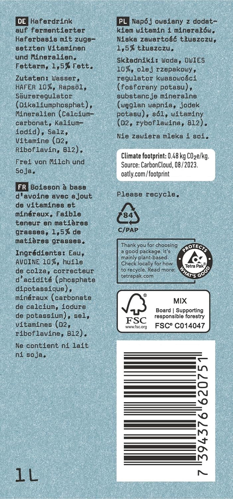 Oatly Haferdrink 1.5% Fett - Packung mit 6 (6 x 1 Liter)