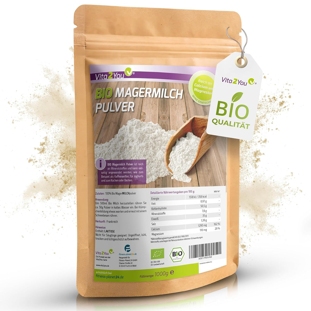 Vita2You Bio Skimmed Milk Powder 1000g - 100% Bio Qualität - for baking - Kaffeeweißer - Milchpulver für Joghurts - 1kg - Premium Qualität