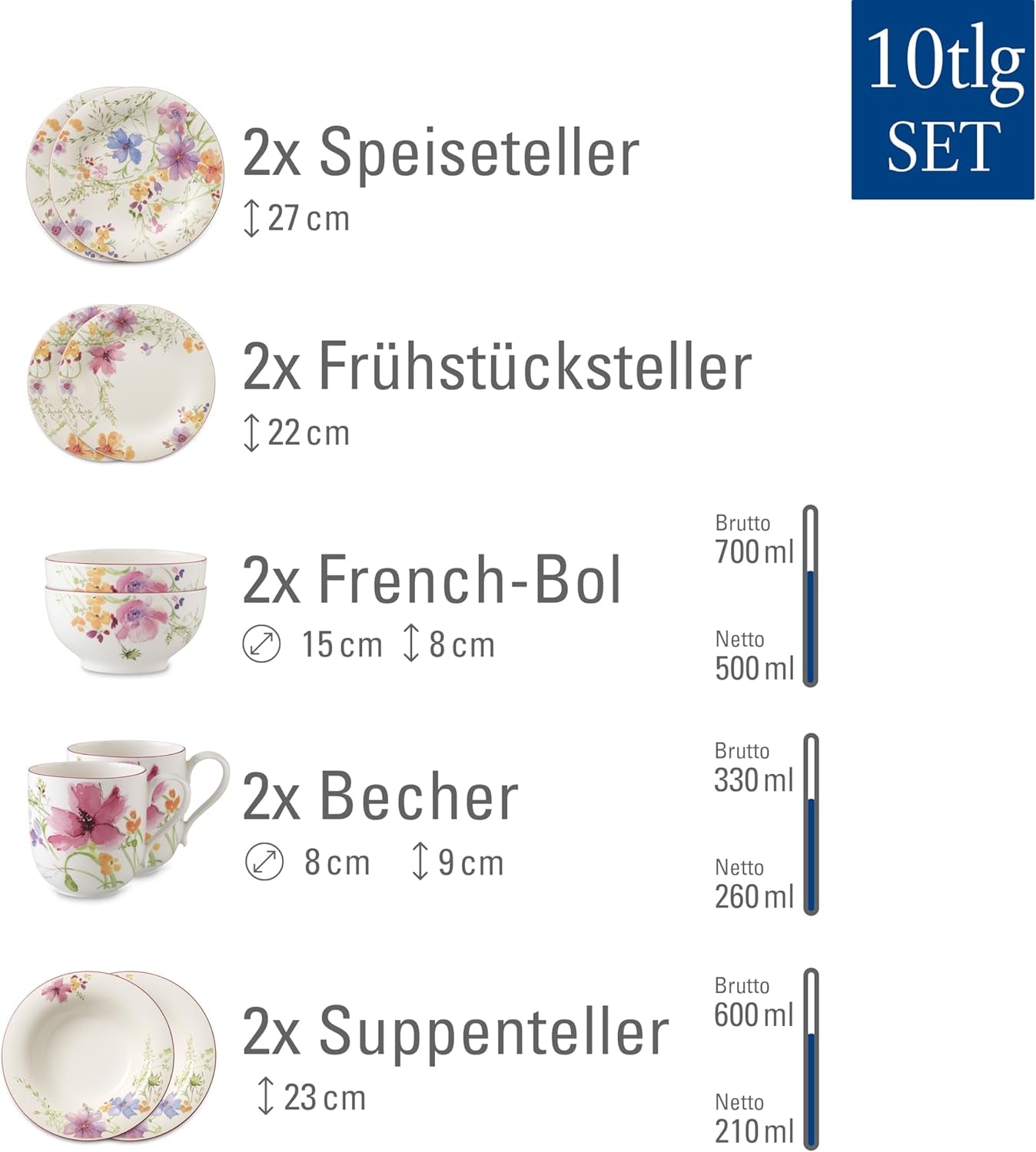 Villeroy & Boch - Set de început Mariefleur, culori asortate, potrivit pentru mașina de spălat vase, potrivit pentru cuptorul cu microunde, set de veselă pentru 2 persoane, set de veselă cu decor floral, veselă, tacâmuri, set combinat, porțelan premium