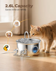 Katzenbrunnen Edelstahl Trinkbrunnen für Katze: Katzen Trinkbrunnen Leise - 2.6L Automatic Katzentrinkbrunnen mit Wasserstandsfenster - Haustierbrunnen für Kleine Hunde - Mehrschichtiges Filtersystem