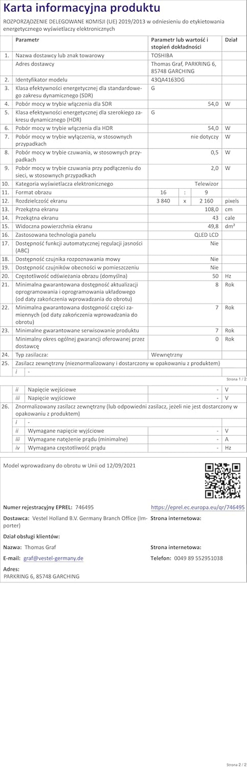 Toshiba, 43QA4163DG, 43 inch, QLED Quantum Dot Ultra HD (3840 x 2160), Asistent Google, Bluetooth, Netflix, Video, Chromecast