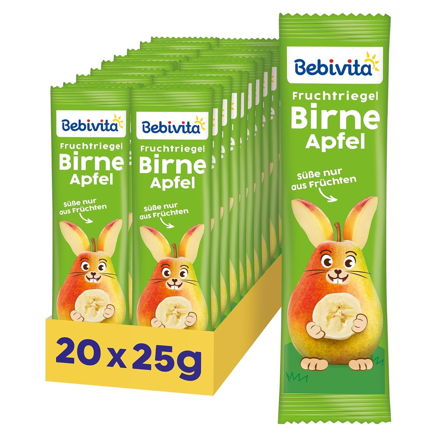 Pear-apple fruit bars (20 x 25g), sweetened only with fruit, perfect snack between meals, prepared from strictly controlled and selected ingredients.
