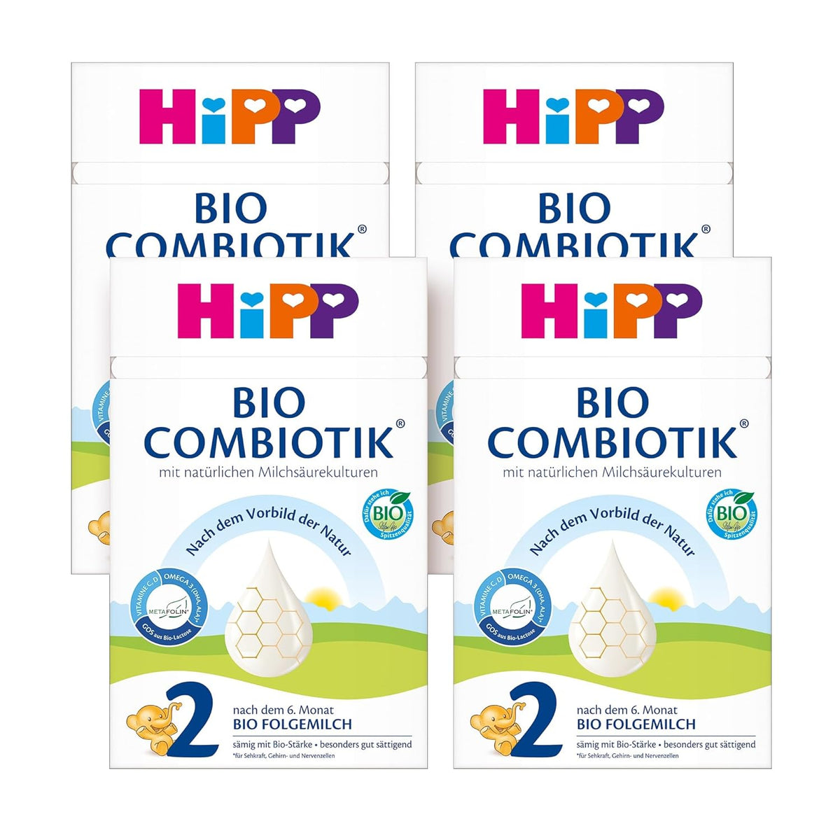 HiPP 2 Organic Combiotik (4 x 600g), follow-on milk after 6 months, with starch, natural cultures of lactic acid, GOS, Omega-3 (DHA, ALA), of the best organic quality