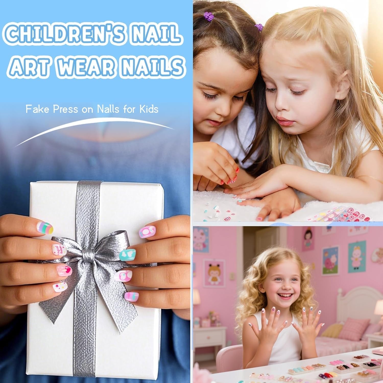 Set de unghii false - 120 de bucăți de unghii autoadezive pentru copii cu lipici de unghii, set de unghii artificiale autoadezive cu acoperire completă, unghii false pentru fete cu mâini mici (colorat A, 120X)