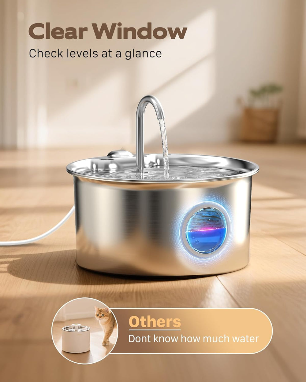 Katzenbrunnen Edelstahl Trinkbrunnen für Katze: Katzen Trinkbrunnen Leise - 2.6L Automatic Katzentrinkbrunnen mit Wasserstandsfenster - Haustierbrunnen für Kleine Hunde - Mehrschichtiges Filtersystem