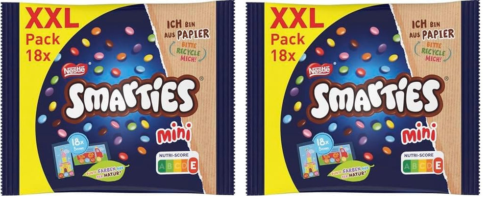 Nestlé SMARTIES Mini XXL Pouches, Chocolate Colored Lentils, Ideal for Sharing and Enjoying with Family and Friends, Natural Colors, Recyclable Packaging, Pack of 2 (1 x 259g)