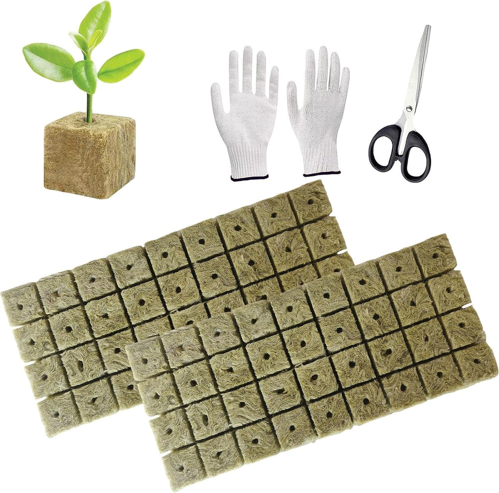 50 de bucăți de covoraș de creștere din vată minerală, cub de vată minerală, izolație din vată minerală, covoraș de creștere din vată minerală cu foarfece și mănuși pentru creștere fără sol, hidroponie și transplantare