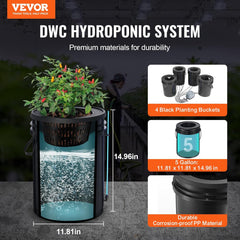 VEVOR DWC Hydroponic Grow System Drip Pot Kit Hydroponic Grow Systems Deep Water Cultivation 4 20L Buckets with Air Pump Air Stones and Water Level Indicator for Green Leaf Vegetables