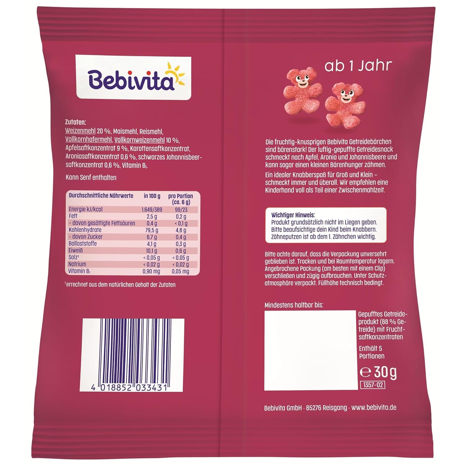 Cereal bears with superfruits (9 x 30g) – snacks for children from 1 year, sweetened only with fruit, ideal fun for the whole family