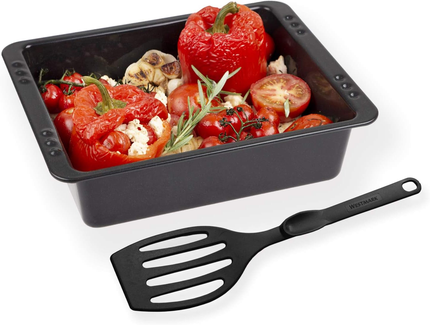 Chg SET 341-46-60 Extra Tiefe Ofenform (7.0 Cm) "Emaille" Mit Profi-Pfannenwender", Schwarz Gesprenkelt Molds and trays for baking Naty Shop