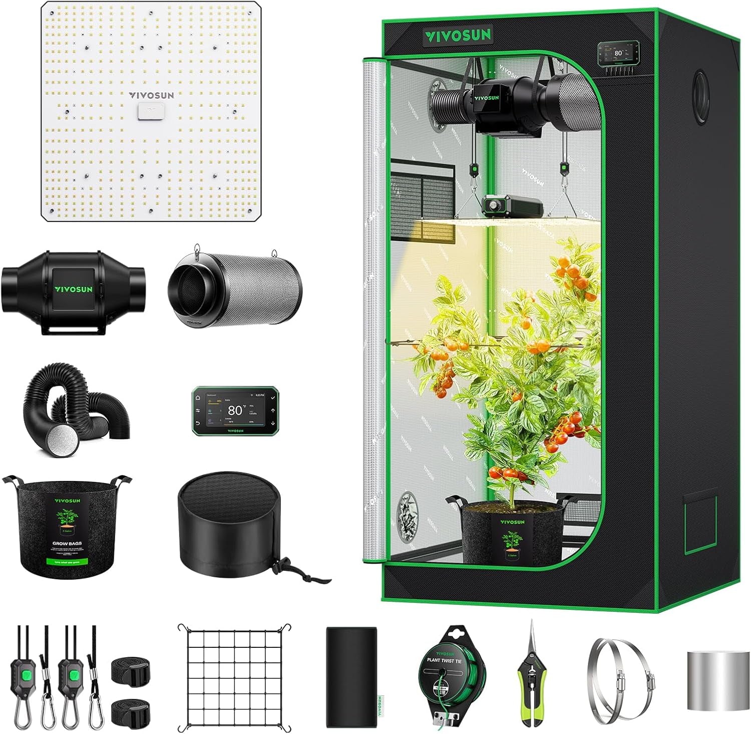 VIVOSUN GIY 80x80x160cm Smart Grow Tent System, Built-in WiFi Grow Tent Kit with Auto Ventilation and Circulation, 150W Full Spectrum LED Grow Light and GrowHub E42A Controller