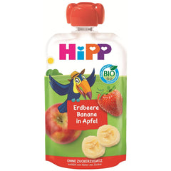HiPP Organic squeezable fruit bag with strawberries and bananas in apple color - Theo Tukan (8 x 100g), from 1 year, 100% fruit puree, no added sugar, vegan, best organic quality