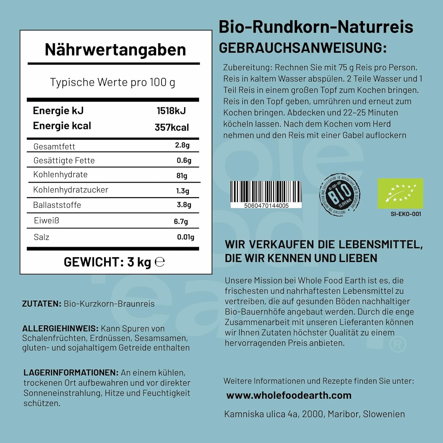 Wholefood Earth Organic Short Grain Brown Rice 3kg Non-GMO Vegan Source of Fiber From Controlled Organic Farming