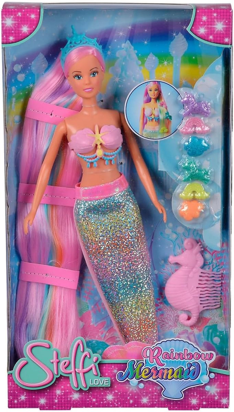 Simba 105733610 - Steffi Love Rainbow Mermaid, păpușă de îmbrăcat ca o sirenă curcubeu cu păr colorat, agrafe de păr, pieptene și aripioară detașabilă, păpușă de joacă 29cm, vârsta 3+ Papusi Naty Shop