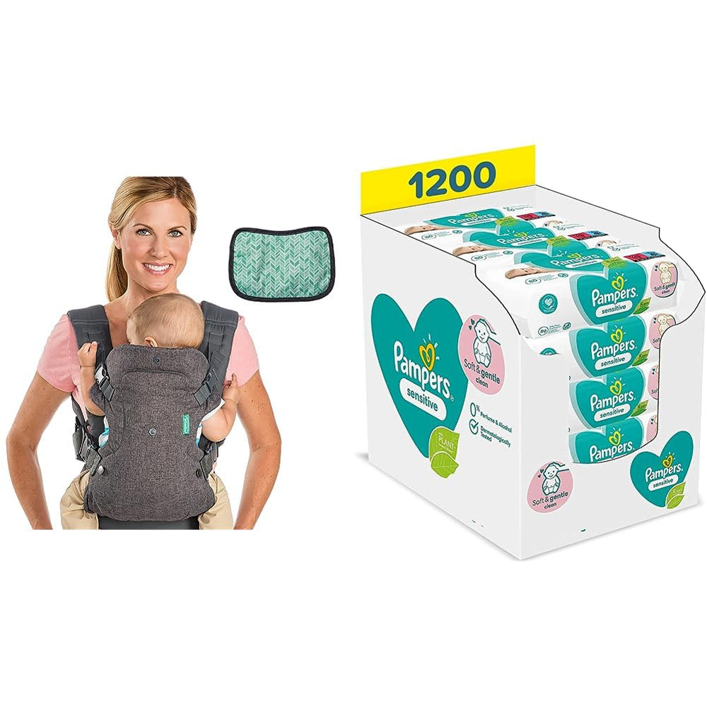 Pampers Sensitive Flip Advanced 4-in-1 Baby Carrier with Bib and Wipes, 1200 Wipes (15 x 80) for Baby's Sensitive Skin, Dermatologically Tested, Newborn Essentials