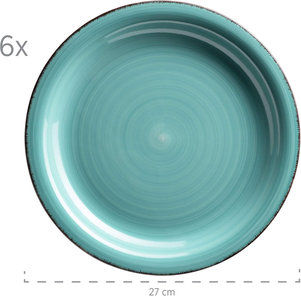 MÄSER Bel Tempo II Teller-Set für 6 Personen im modernen Vintage Look, 12-teiliges Tafelservice, handbemalt, Türkis, Steingut, 27 centimeters