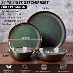Set de veselă pentru 6 persoane, set de servire din gresie ceramică cu 24 de piese, set de veselă rotund neregulat cu farfurii, farfurii de desert, boluri pentru cereale, potrivit pentru cuptorul cu microunde și mașina de spălat vase, verde tundra reactiv