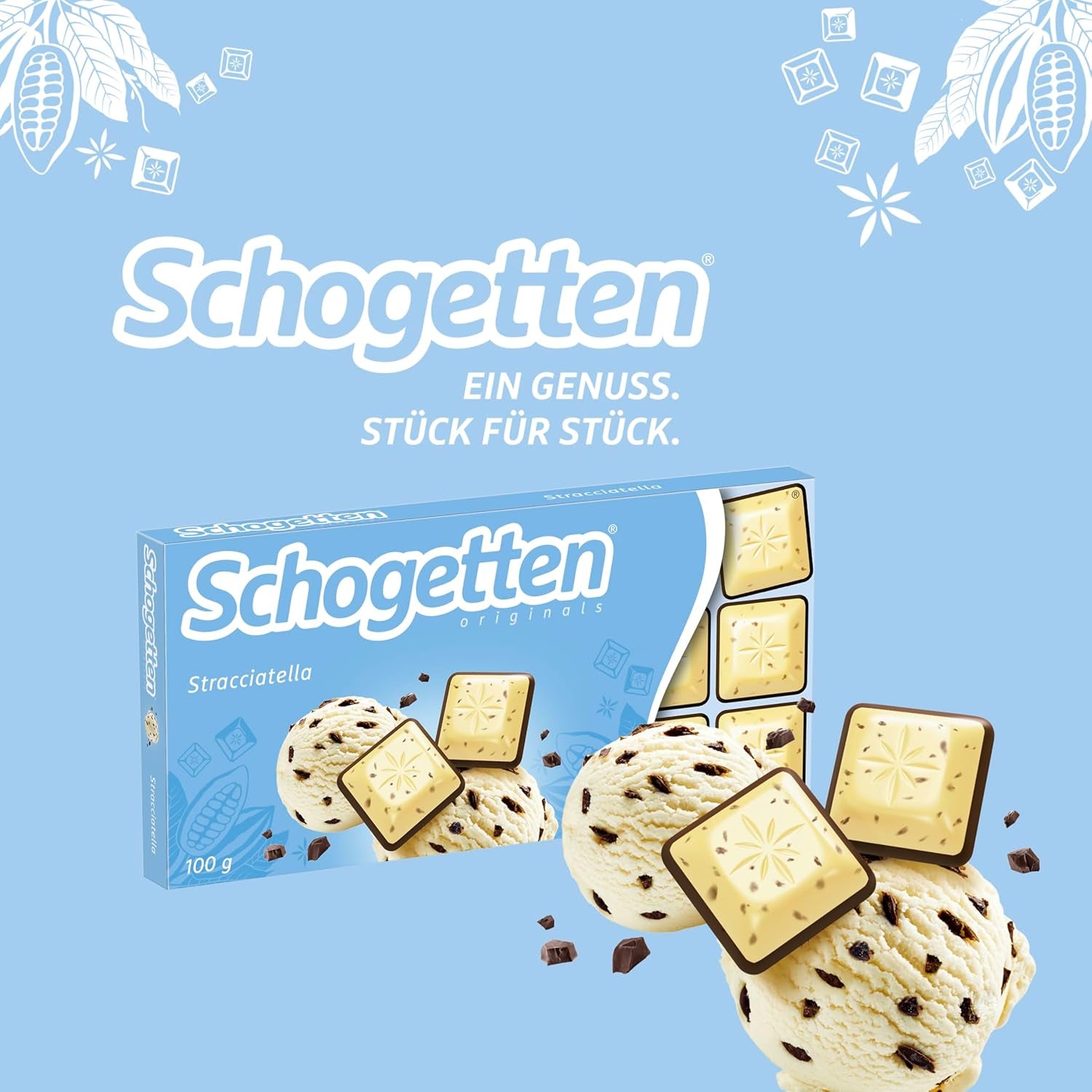 Schogetten Stracciatella chocolate bar 100g, individually portioned. A delight. Piece by piece.