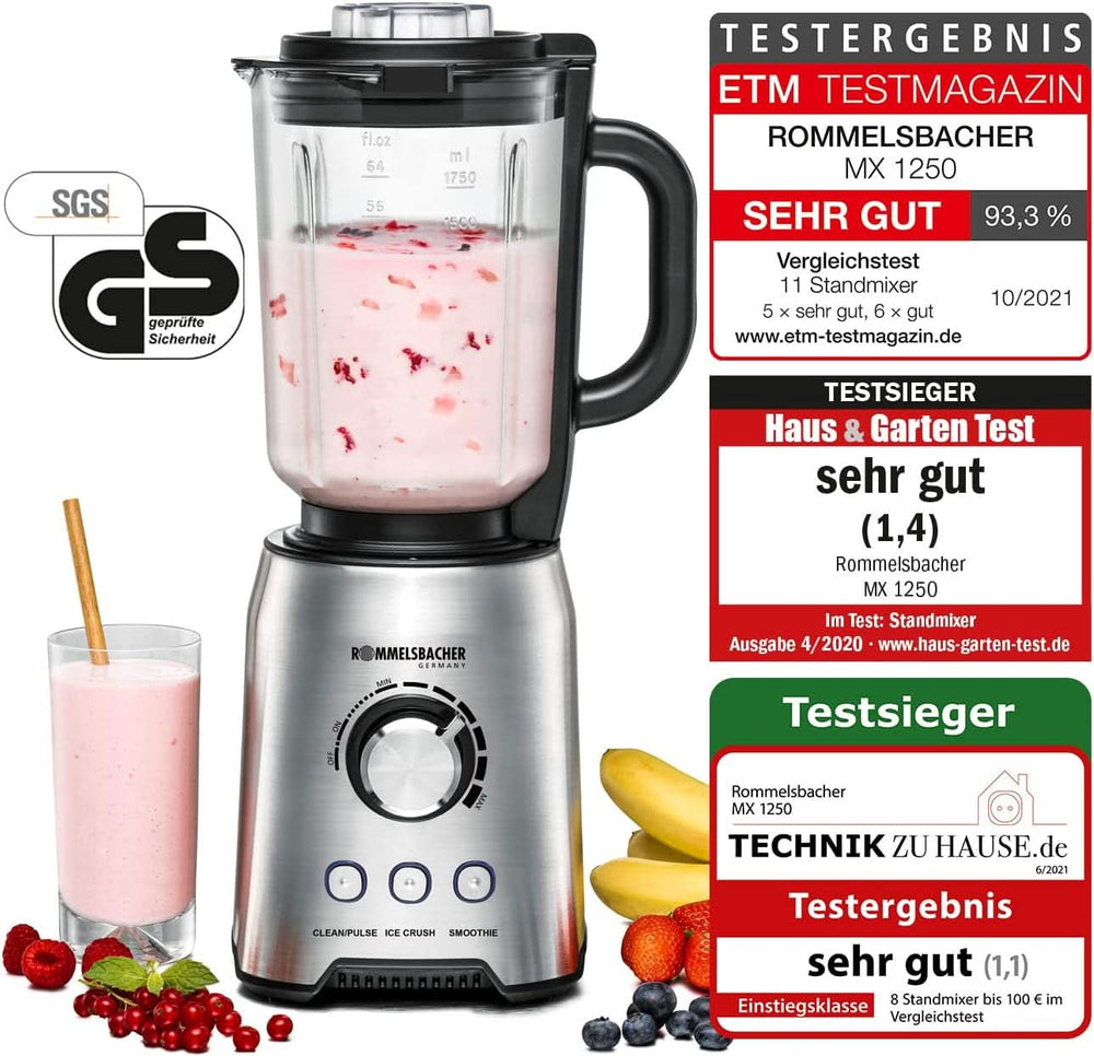 ROMMELSBACHER Standmixer MX 1250-22,000 U/Min, Stufenlose Drehzahlregulierung, Funktionsstasten (Smoothie, Clean/Pulse, Ice Crush), Glaskrug, Edelstahlgehäuse, Spezialmesser, 1200 Watt Kitchen Naty Shop
