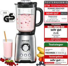 ROMMELSBACHER Standmixer MX 1250-22,000 U/Min, Stufenlose Drehzahlregulierung, Funktionsstasten (Smoothie, Clean/Pulse, Ice Crush), Glaskrug, Edelstahlgehäuse, Spezialmesser, 1200 Watt Kitchen Naty Shop