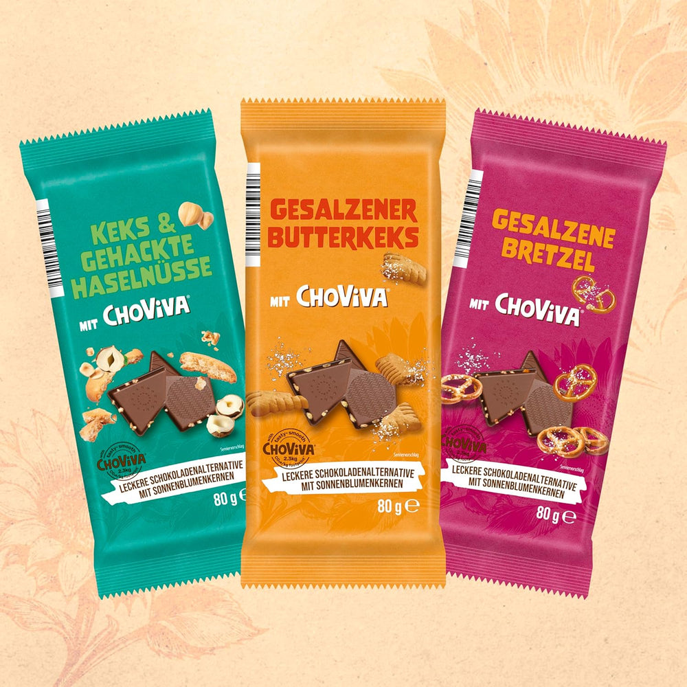 Salted Butter Biscuits and ChoViva, 80g bar, made from alternative chocolate with sunflower seeds