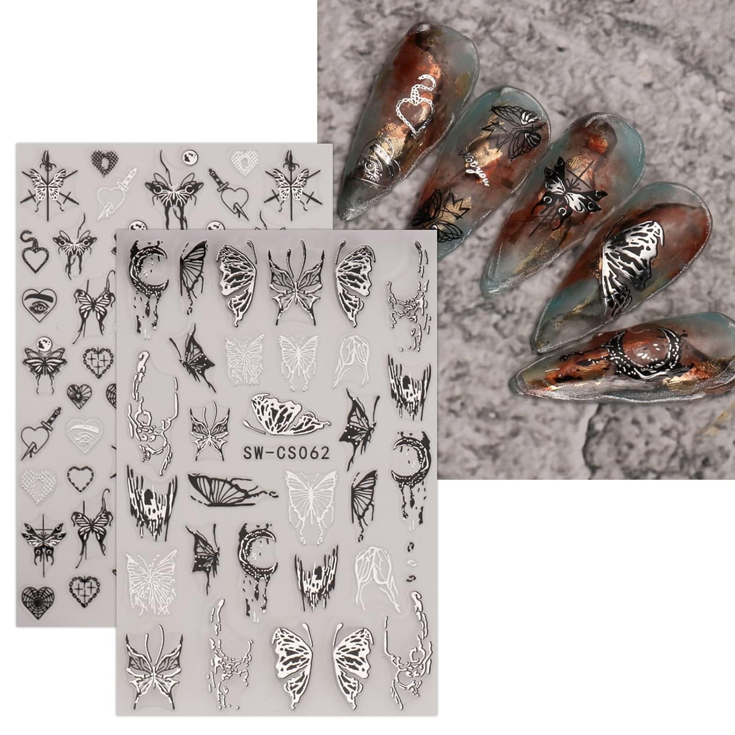 JMEOWIO Nagelsticker Schmetterling 9 Blatt Nail Art Sticker Selbstklebend Nagelaufkleber Mond Dekoration Nageldesign Zubehör