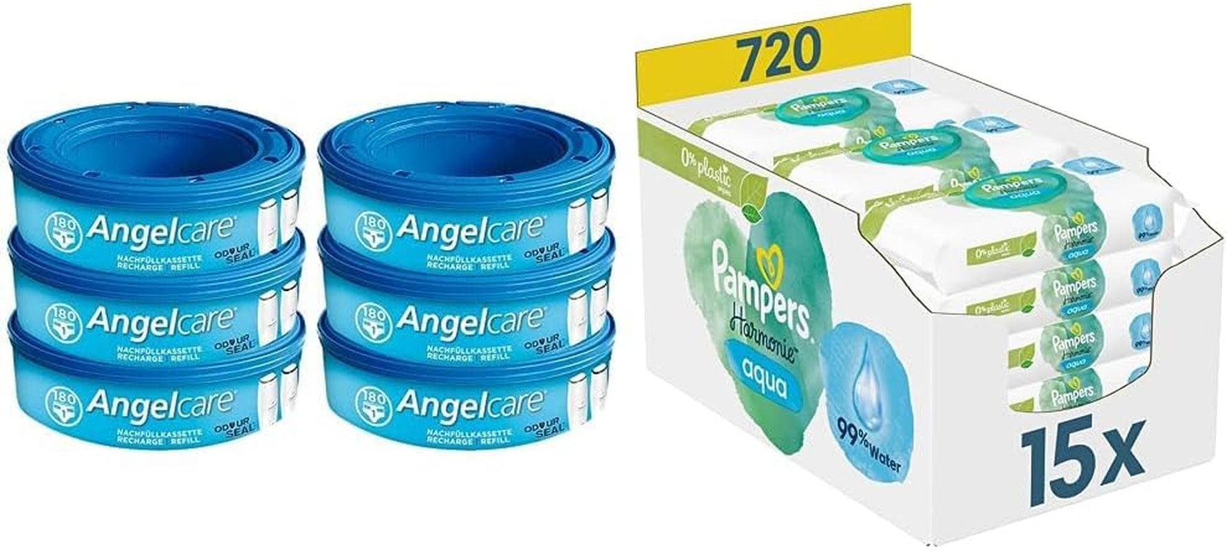 2320 Plus 2017 Refill Box (6-Pack) and Pampers Harmony Aqua Baby Wet Wipes Box, 720 Wipes (15 x 48), Gentle Skin Protection with 99% Water